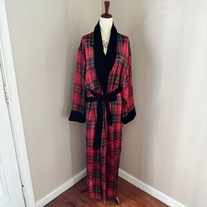 Vintage Victoria's Secret Long 100% Silk Holiday Plaid Robe with Velvet Trim M